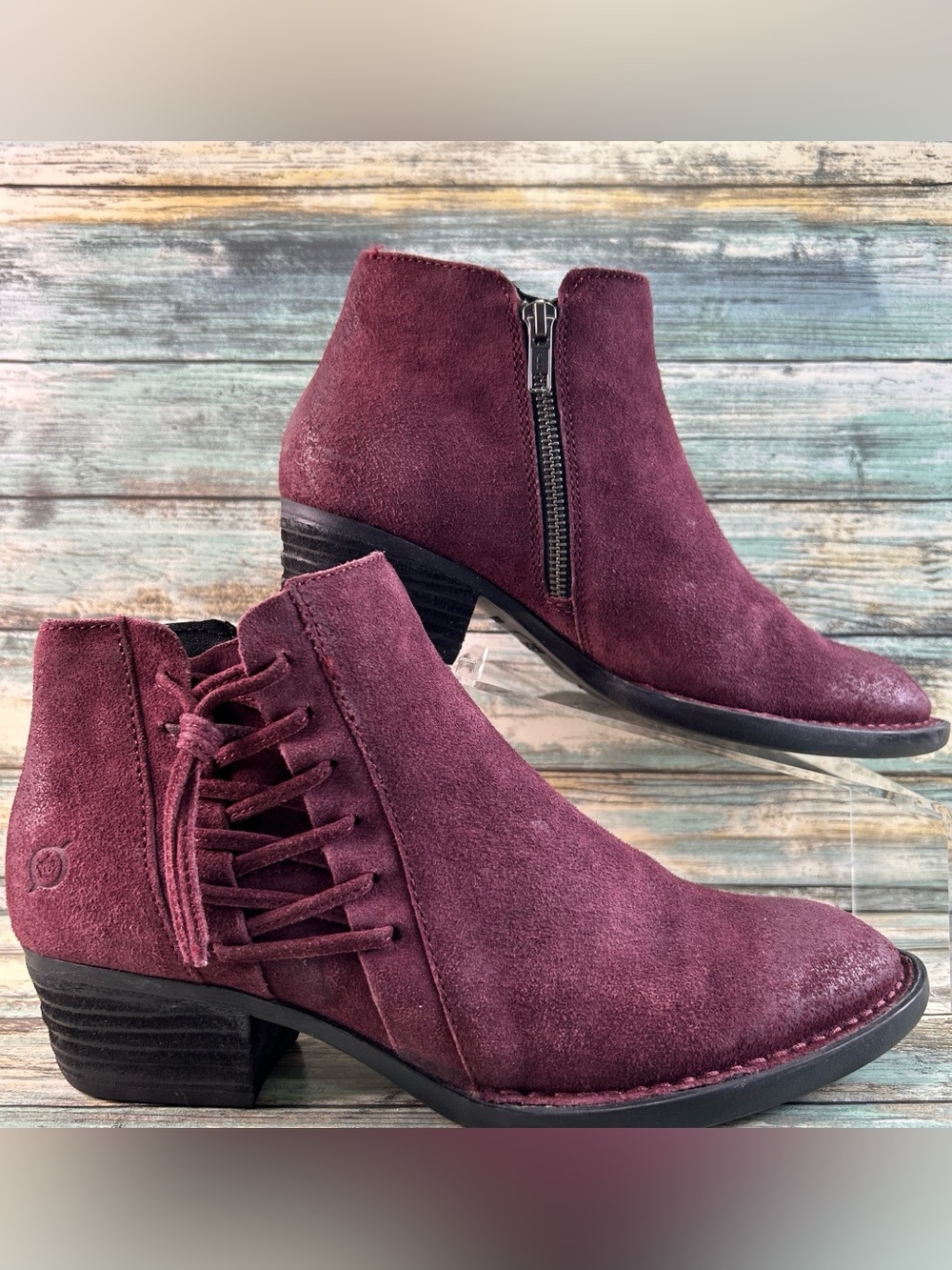 BORN Bessie Ankle Boot Womens 8 Purple Suede Block Heel Dress Casual Zip Western